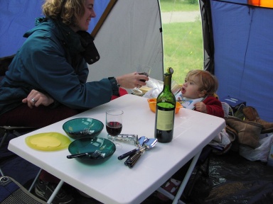 testing the tent (and French wine)